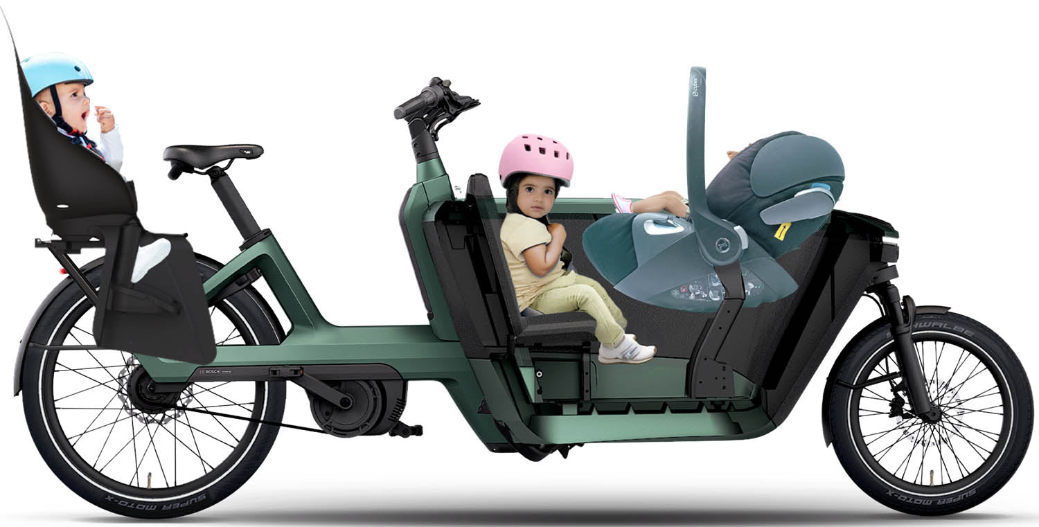 Lovens Explorer 2 im Querschnitt mit zwei Kindern in der Box und einem Kindersitz hinten