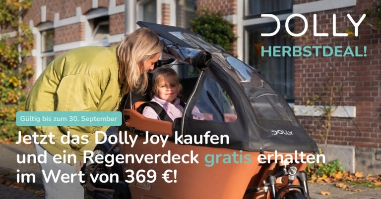 Dolly Joy Cargo-E-Bike mit montiertem Regenverdeck